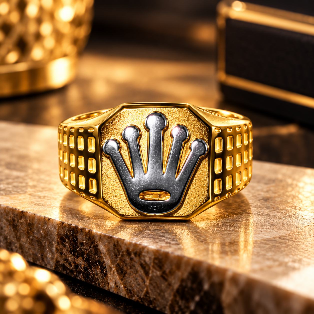 Men’s Gold-Tone Crown Design Signet Ring for Men – Stylish Two-Tone Statement Ring (Size 9, 10, 11)