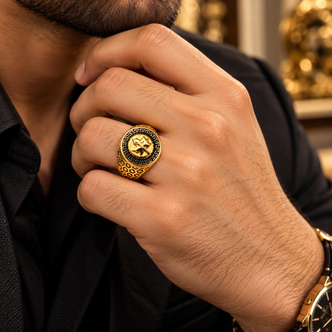 Men's Gold-Tone Leaf Design Signet Ring with Black Greek Key Pattern
