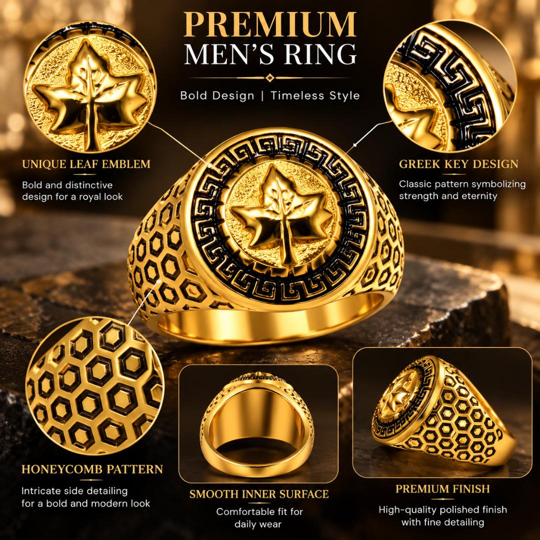 Men's Gold-Tone Leaf Design Signet Ring with Black Greek Key Pattern