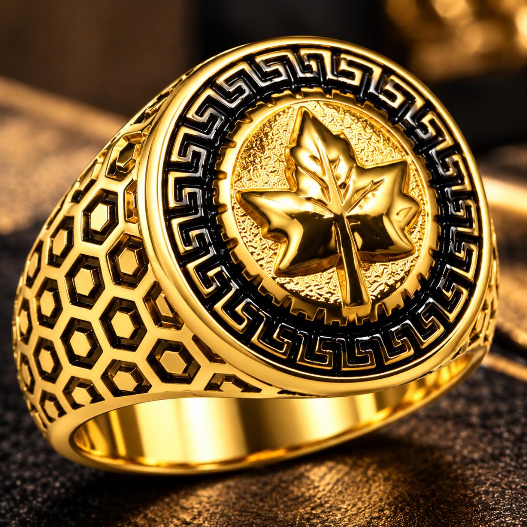 Men's Gold-Tone Leaf Design Signet Ring with Black Greek Key Pattern