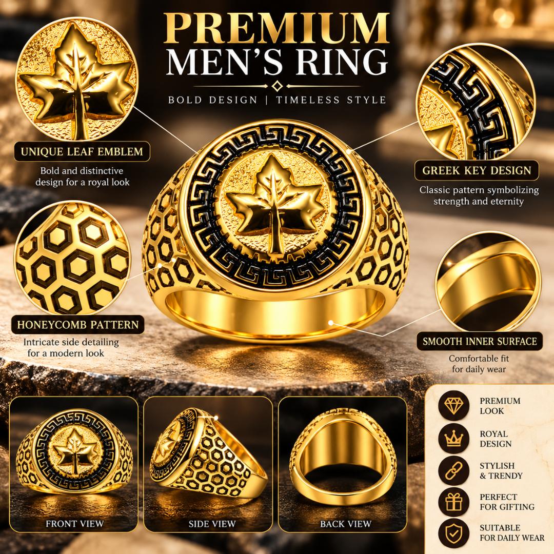 Men's Gold-Tone Leaf Design Signet Ring with Black Greek Key Pattern