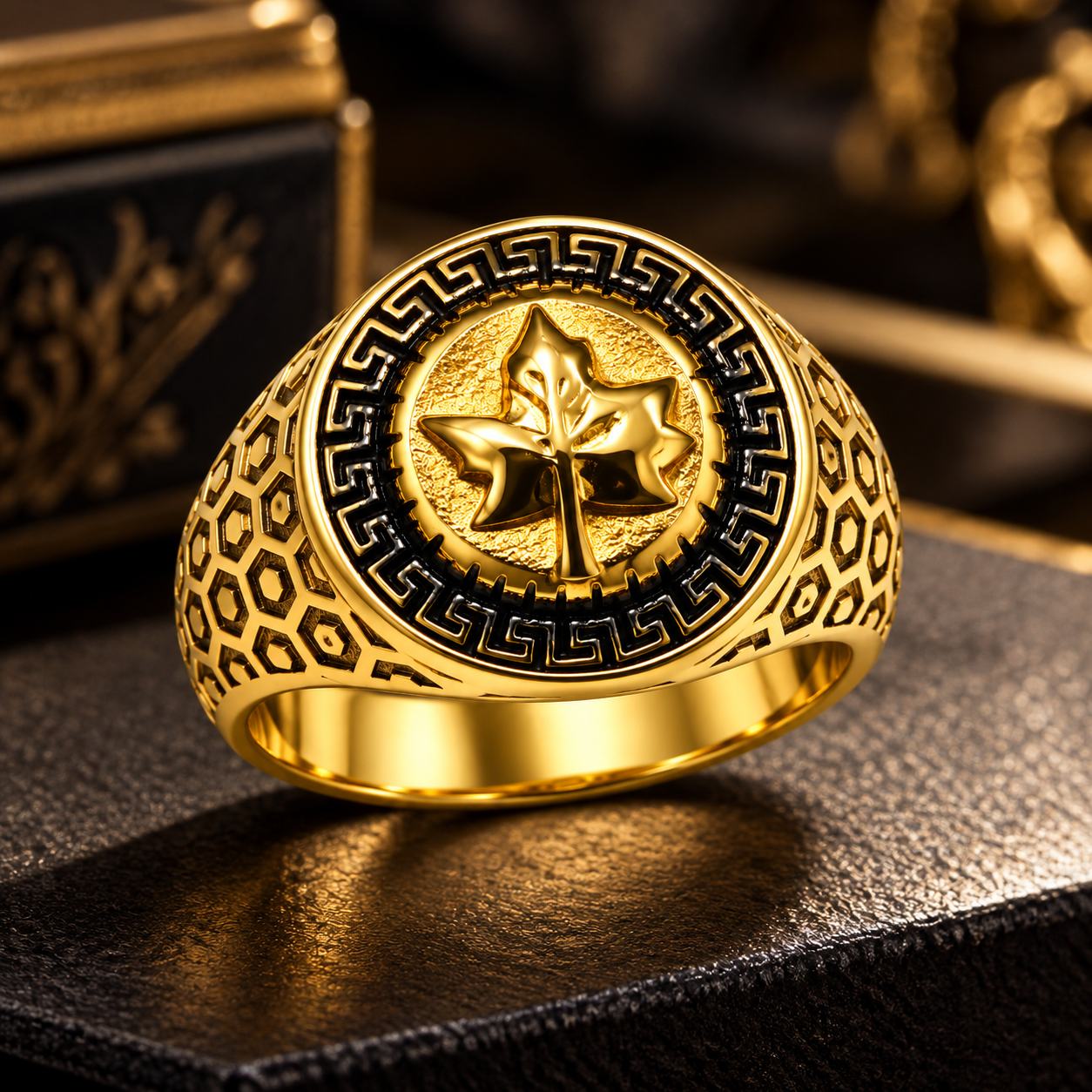 Men's Gold-Tone Leaf Design Signet Ring with Black Greek Key Pattern