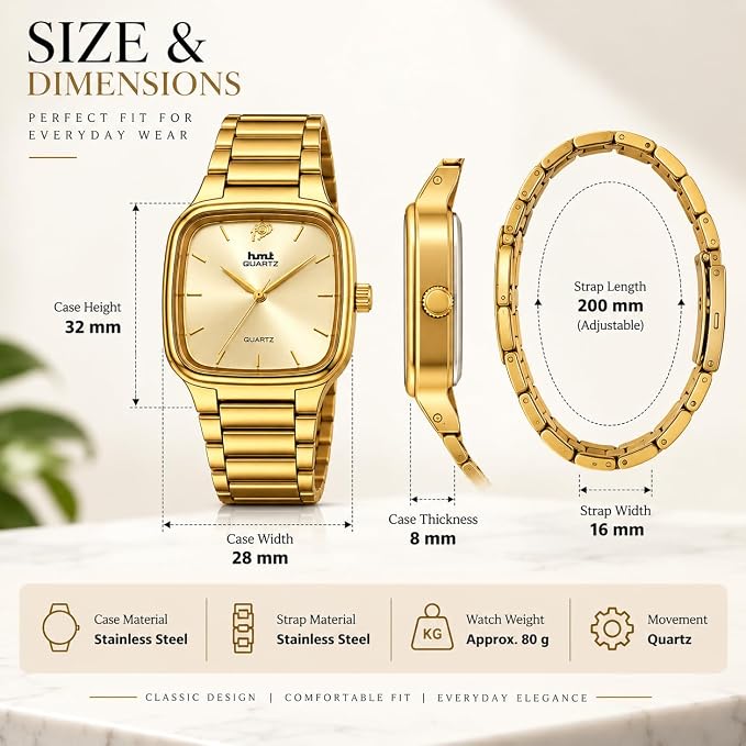 Men's Square Dial Analog Quartz Watch with Metal Bracelet