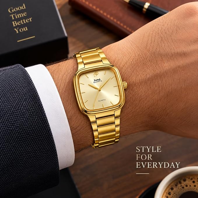 Men's Square Dial Analog Quartz Watch with Metal Bracelet