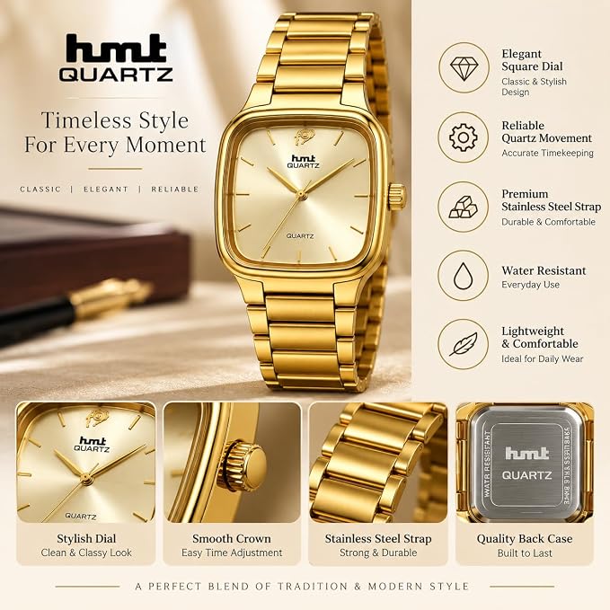 Men's Square Dial Analog Quartz Watch with Metal Bracelet