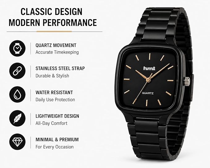 Men's Square Dial Analog Quartz Watch with Metal Bracelet