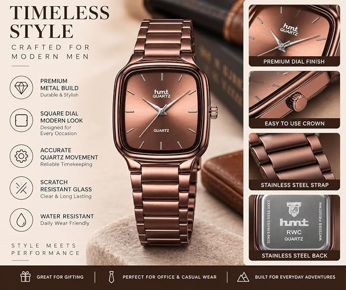 Men's Square Dial Analog Quartz Watch with Metal Bracelet