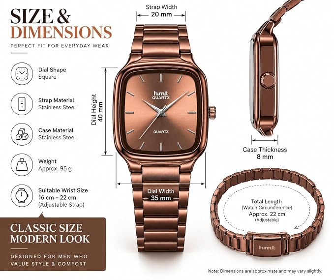 Men's Square Dial Analog Quartz Watch with Metal Bracelet