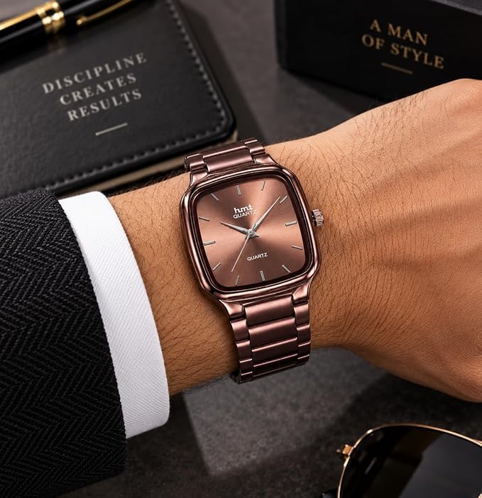 Men's Square Dial Analog Quartz Watch with Metal Bracelet