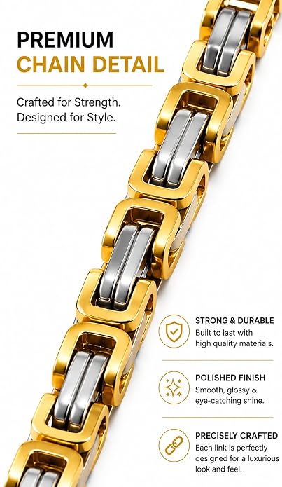 Men's Two-Tone Gold Silver Stainless Steel Byzantine Chain Bracelet