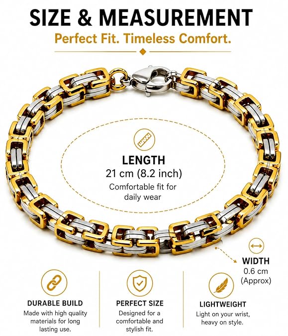 Men's Two-Tone Gold Silver Stainless Steel Byzantine Chain Bracelet
