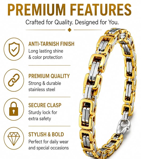 Men's Two-Tone Gold Silver Stainless Steel Byzantine Chain Bracelet
