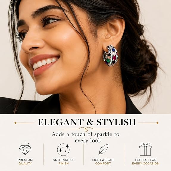 Multicolor Stone Hoop Earrings with Oxidized Finish