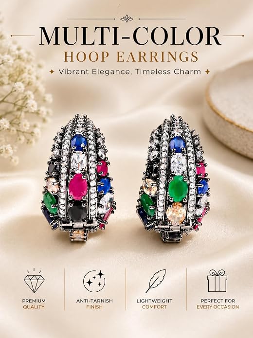 Multicolor Stone Hoop Earrings with Oxidized Finish