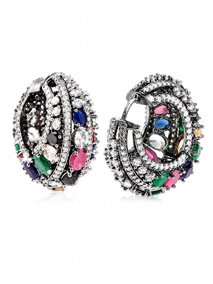 Multicolor Stone Hoop Earrings with Oxidized Finish