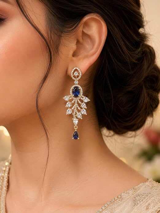 Oval Gemstone Chandelier Earrings with Leaf Design Teardrop Danglers for Women and Girls
