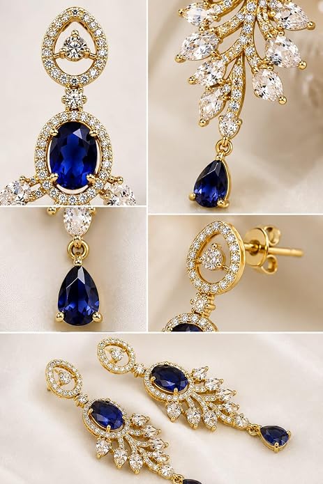 Oval Gemstone Chandelier Earrings with Leaf Design Teardrop Danglers for Women and Girls