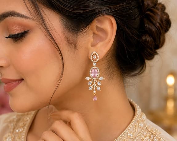 Oval Gemstone Chandelier Earrings with Leaf Design Teardrop Danglers for Women and Girls