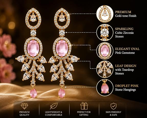 Oval Gemstone Chandelier Earrings with Leaf Design Teardrop Danglers for Women and Girls