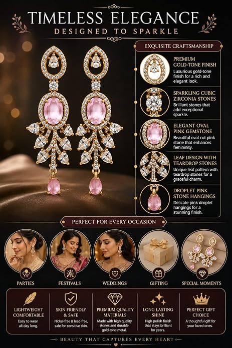 Oval Gemstone Chandelier Earrings with Leaf Design Teardrop Danglers for Women and Girls