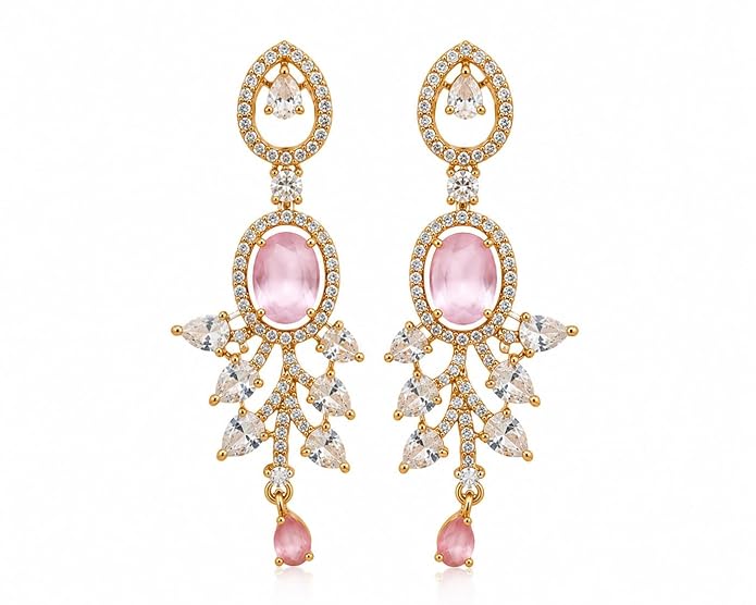 Oval Gemstone Chandelier Earrings with Leaf Design Teardrop Danglers for Women and Girls