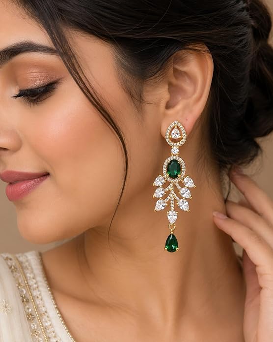 Oval Gemstone Chandelier Earrings with Leaf Design Teardrop Danglers for Women and Girls