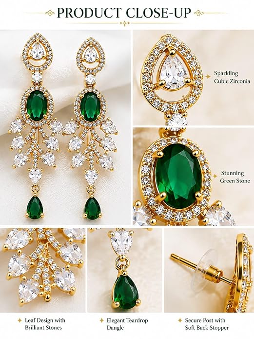 Oval Gemstone Chandelier Earrings with Leaf Design Teardrop Danglers for Women and Girls