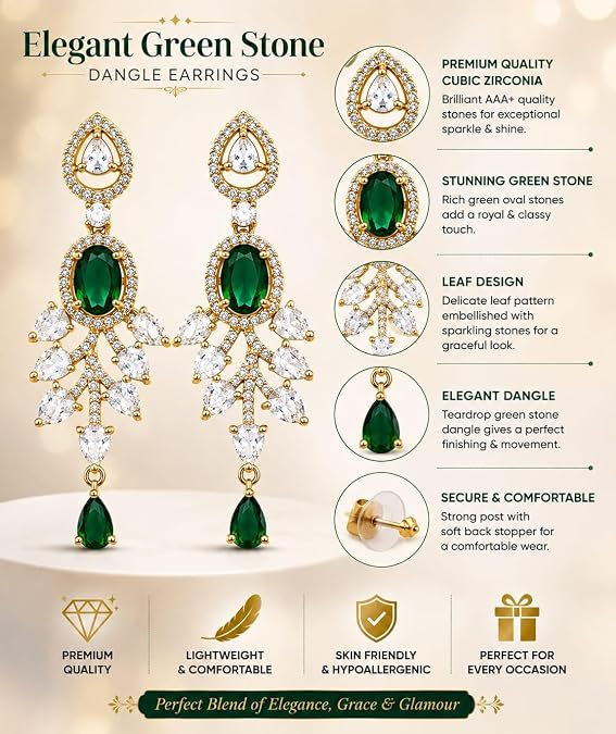 Oval Gemstone Chandelier Earrings with Leaf Design Teardrop Danglers for Women and Girls
