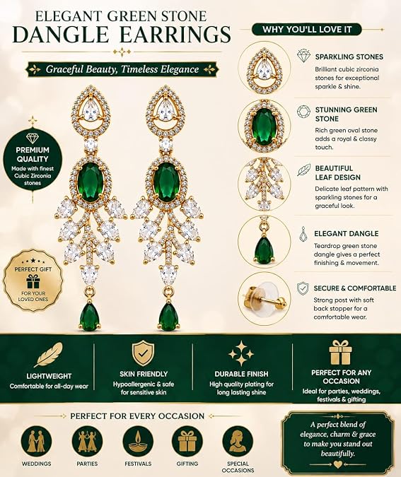 Oval Gemstone Chandelier Earrings with Leaf Design Teardrop Danglers for Women and Girls