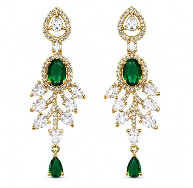 Oval Gemstone Chandelier Earrings with Leaf Design Teardrop Danglers for Women and Girls