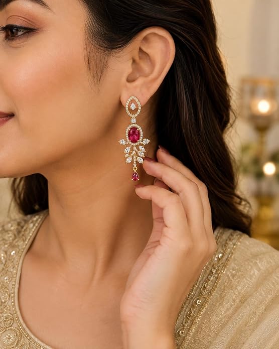 Oval Gemstone Chandelier Earrings with Leaf Design Teardrop Danglers for Women and Girls