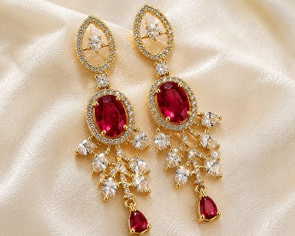 Oval Gemstone Chandelier Earrings with Leaf Design Teardrop Danglers for Women and Girls