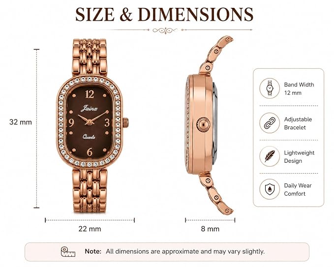 Oval Shape Rose Gold Watch for Women | Brown Dial with Crystal Studded Bezel | Adjustable Bracelet Strap | Quartz Movement | Water Resistant | Elegant Gift for Her