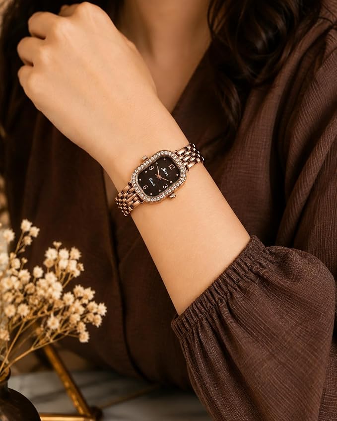Oval Shape Rose Gold Watch for Women | Brown Dial with Crystal Studded Bezel | Adjustable Bracelet Strap | Quartz Movement | Water Resistant | Elegant Gift for Her