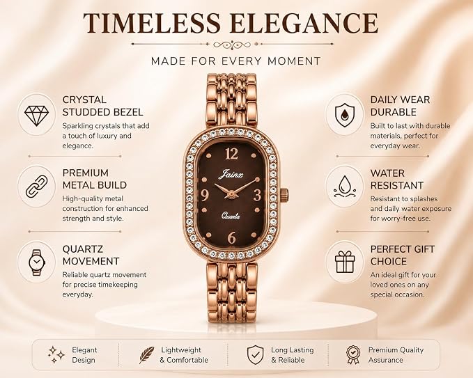 Oval Shape Rose Gold Watch for Women | Brown Dial with Crystal Studded Bezel | Adjustable Bracelet Strap | Quartz Movement | Water Resistant | Elegant Gift for Her