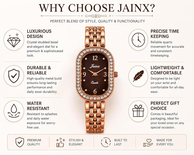 Oval Shape Rose Gold Watch for Women | Brown Dial with Crystal Studded Bezel | Adjustable Bracelet Strap | Quartz Movement | Water Resistant | Elegant Gift for Her