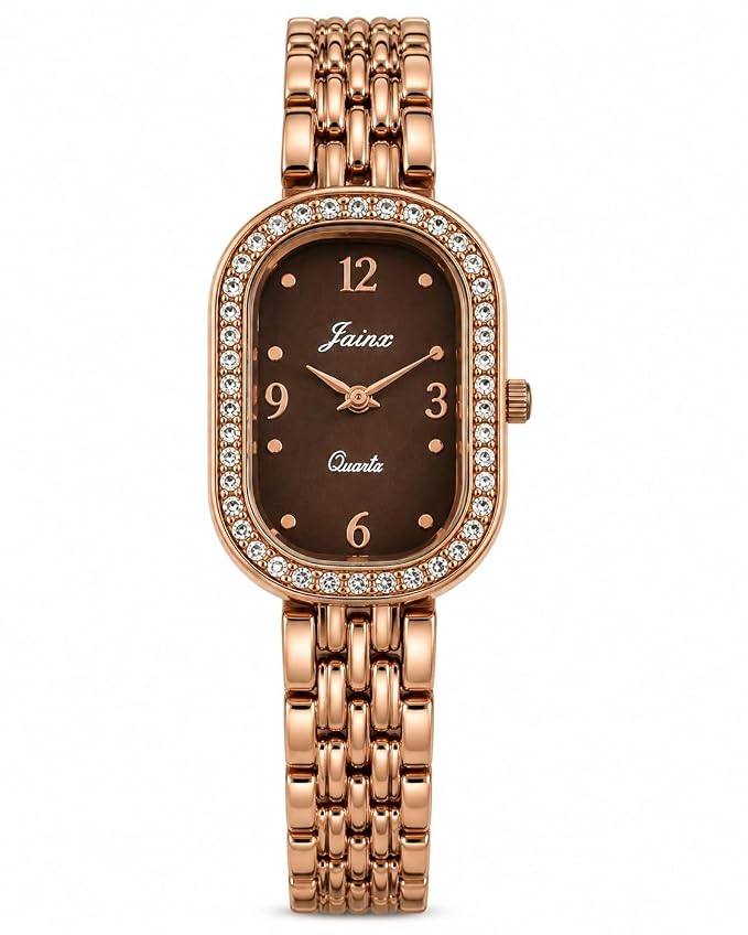 Oval Shape Rose Gold Watch for Women | Brown Dial with Crystal Studded Bezel | Adjustable Bracelet Strap | Quartz Movement | Water Resistant | Elegant Gift for Her