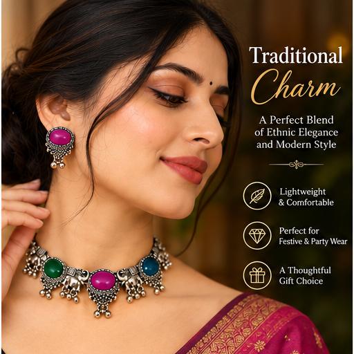 Oxidized Silver Elephant Design Choker Necklace Set with Multicolor Stones and Matching Earrings for Women & Girls