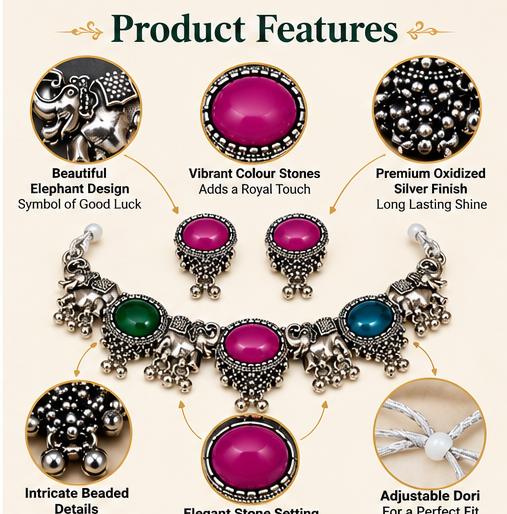Oxidized Silver Elephant Design Choker Necklace Set with Multicolor Stones and Matching Earrings for Women & Girls