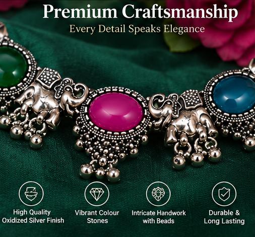Oxidized Silver Elephant Design Choker Necklace Set with Multicolor Stones and Matching Earrings for Women & Girls