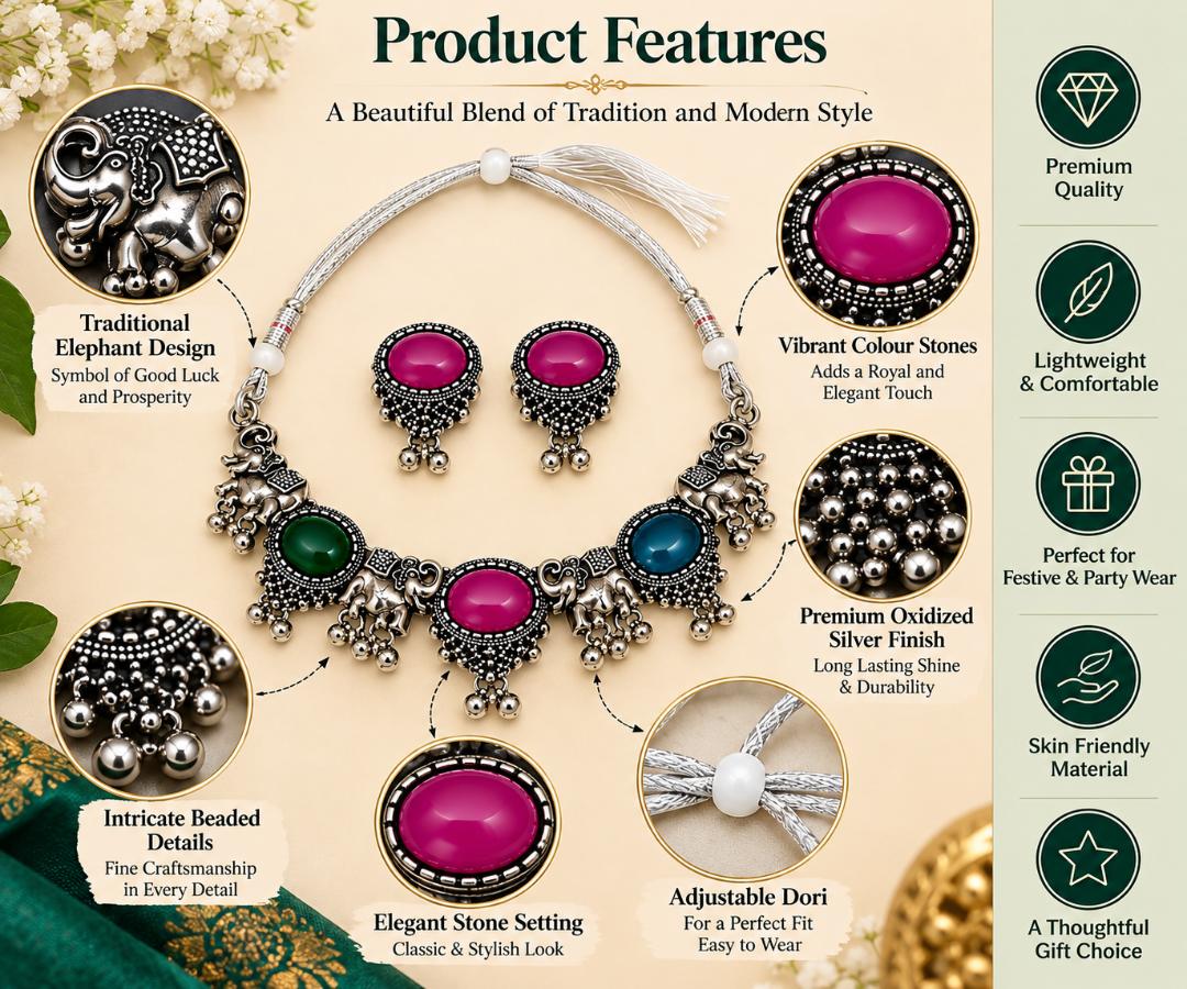 Oxidized Silver Elephant Design Choker Necklace Set with Multicolor Stones and Matching Earrings for Women & Girls