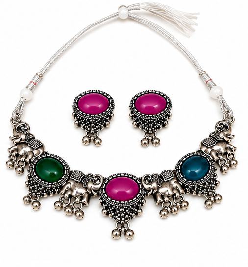 Oxidized Silver Elephant Design Choker Necklace Set with Multicolor Stones and Matching Earrings for Women & Girls