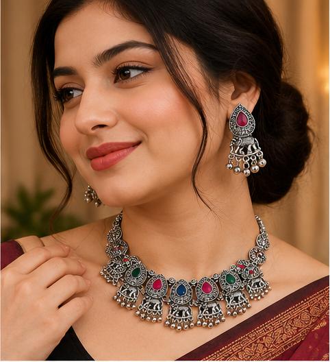 Oxidized Silver Elephant Design Multicolor Stone Necklace Set with Matching Earrings