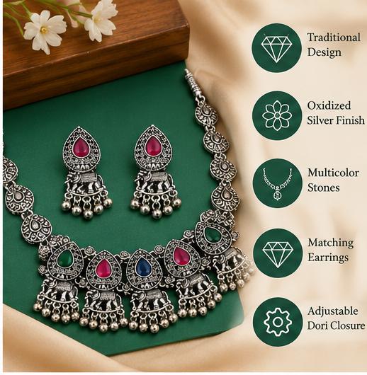 Oxidized Silver Elephant Design Multicolor Stone Necklace Set with Matching Earrings
