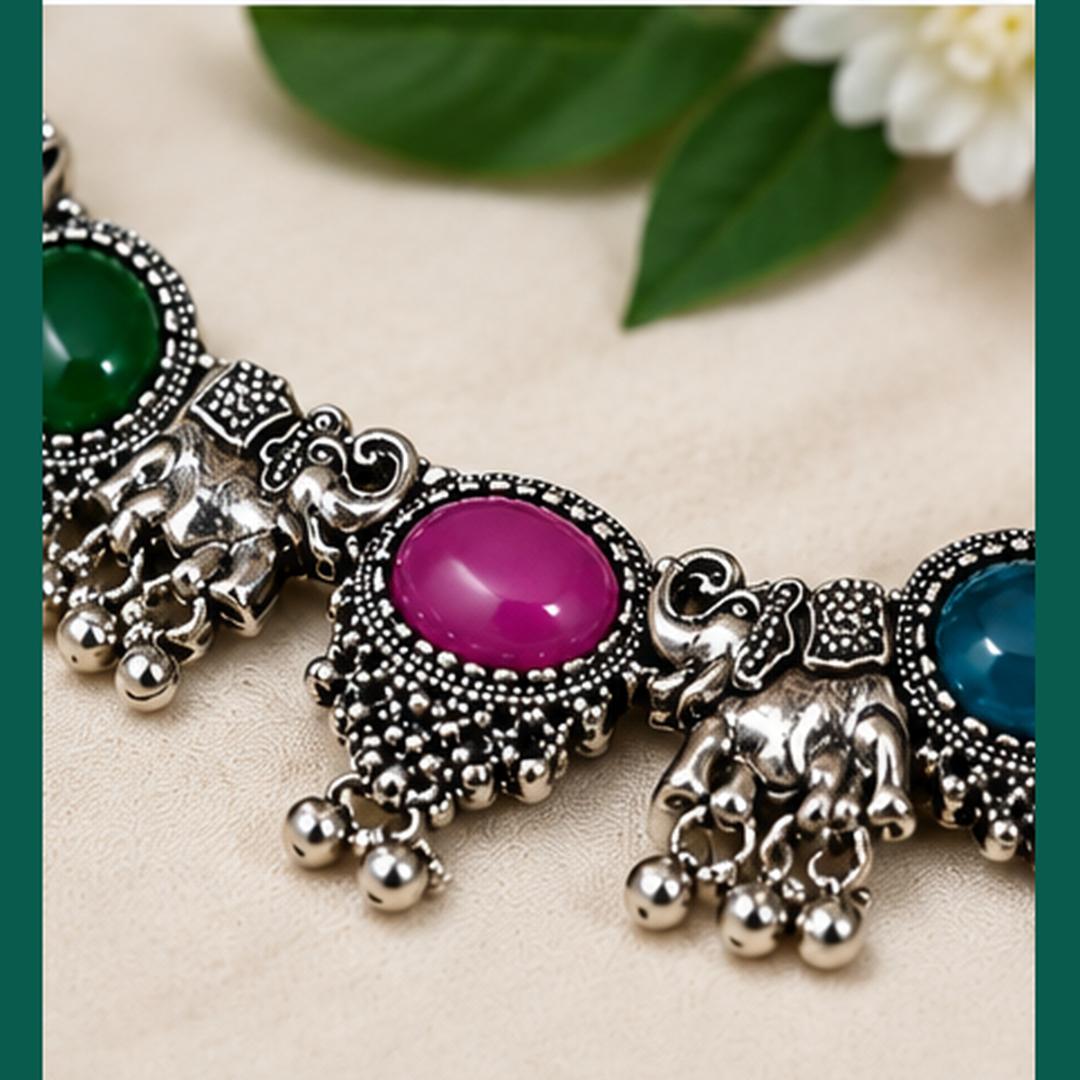 Oxidized Silver Elephant Design Multicolor Stone Necklace Set with Matching Earrings