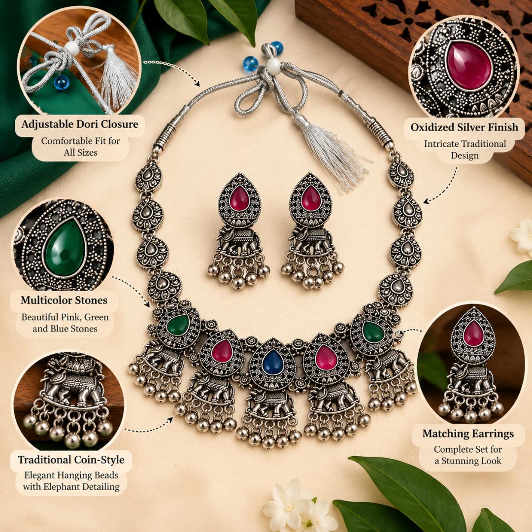 Oxidized Silver Elephant Design Multicolor Stone Necklace Set with Matching Earrings