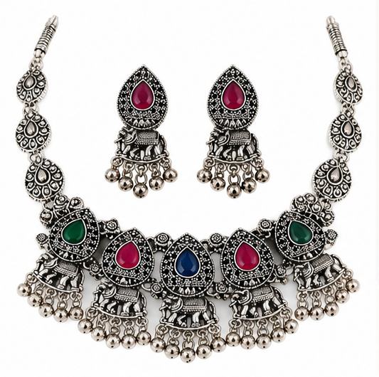 Oxidized Silver Elephant Design Multicolor Stone Necklace Set with Matching Earrings