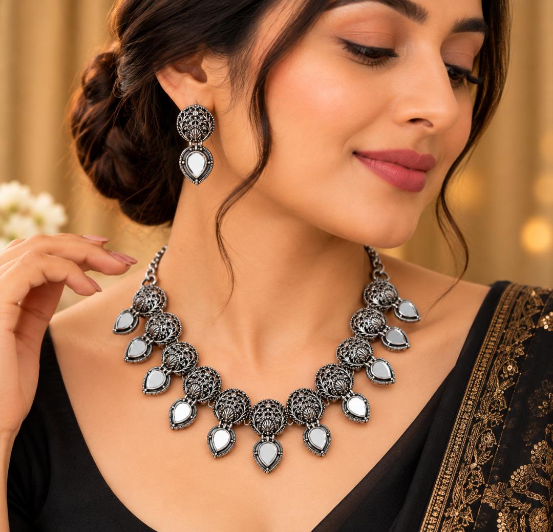 Oxidized Silver Mirror Work Necklace Set with Matching Drop Earrings for Women | Traditional Ethnic Jewellery for Festive & Party Wear