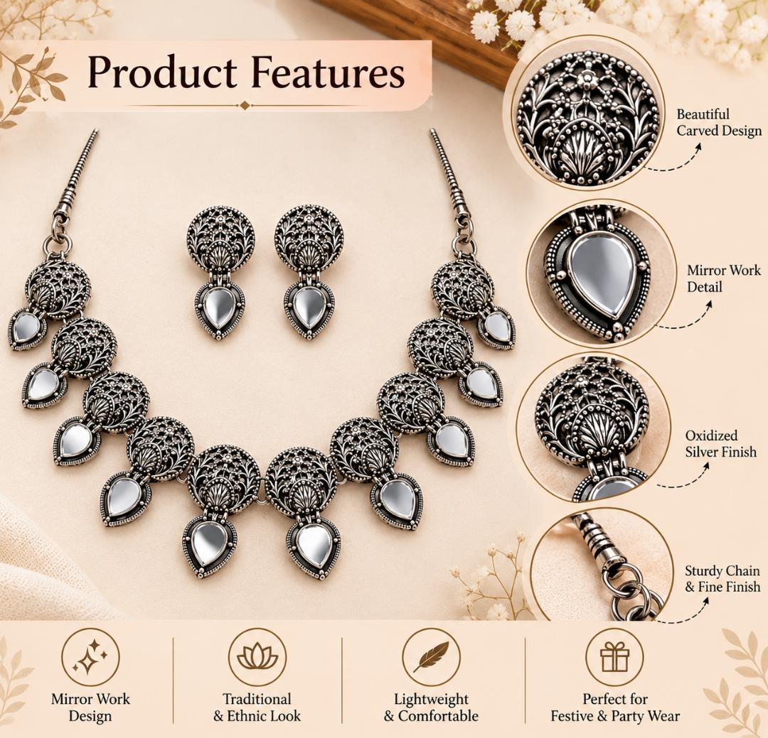 Oxidized Silver Mirror Work Necklace Set with Matching Drop Earrings for Women | Traditional Ethnic Jewellery for Festive & Party Wear