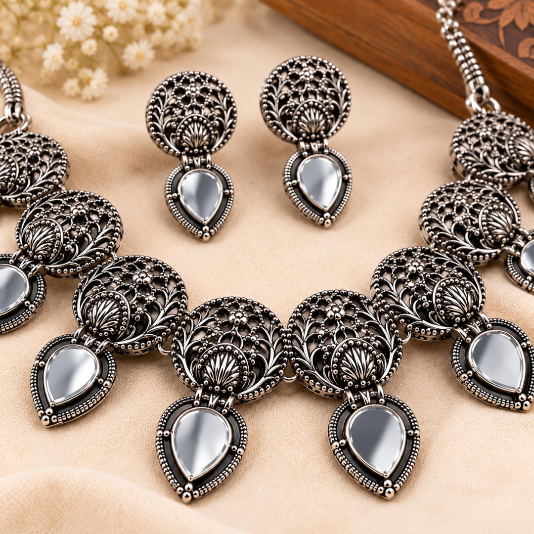 Oxidized Silver Mirror Work Necklace Set with Matching Drop Earrings for Women | Traditional Ethnic Jewellery for Festive & Party Wear